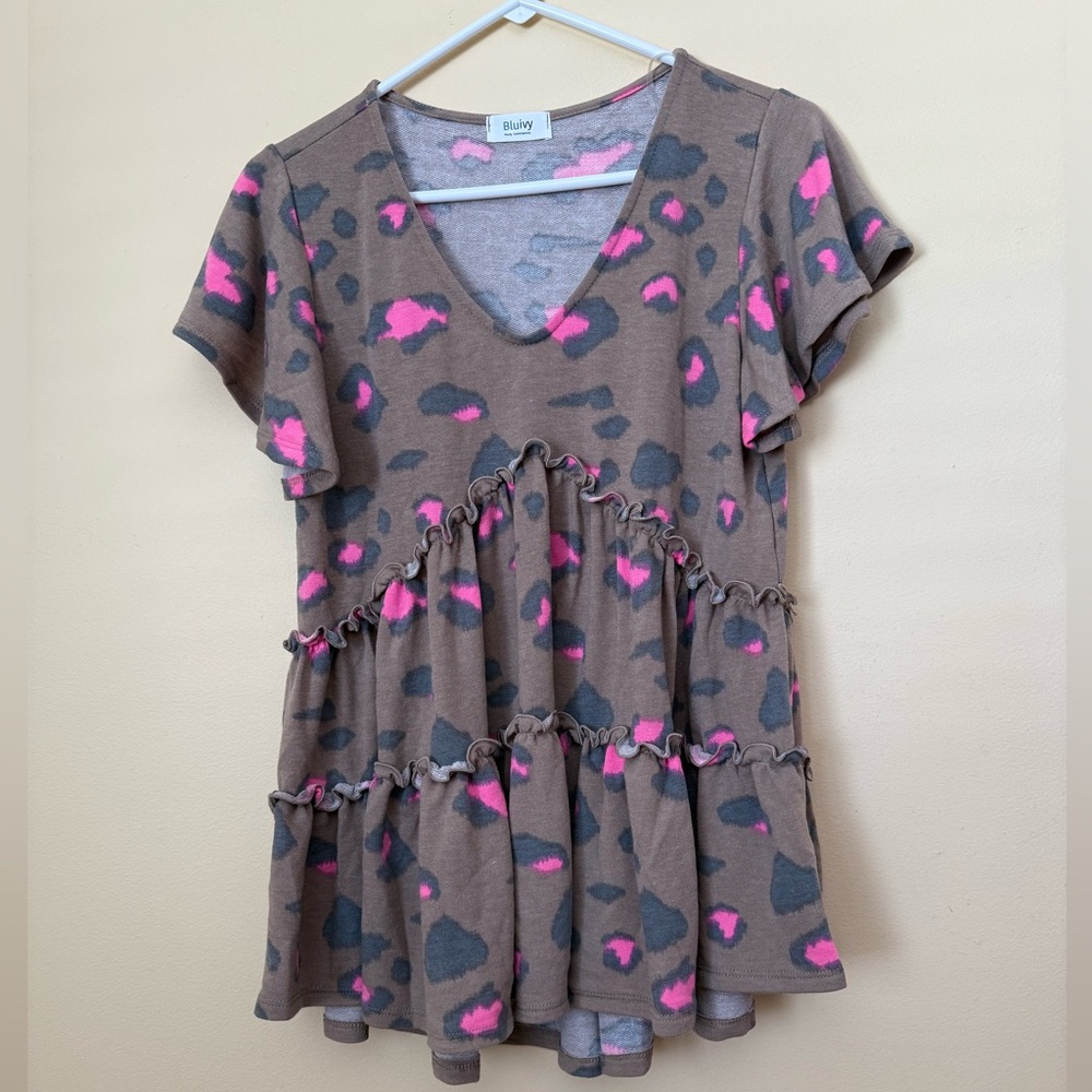 Bluivy Small Animal Print Boho Top Flowy Ruffles  Shirt Stretchy
